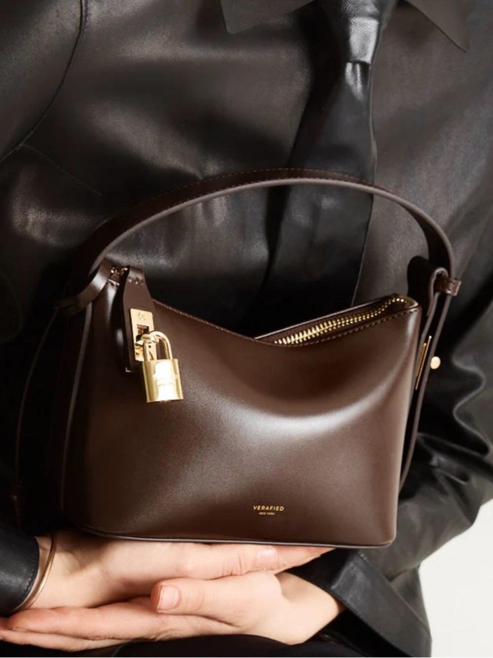 Verafied Mini Chocolate Leather Hobo Bag with Gold Lock
